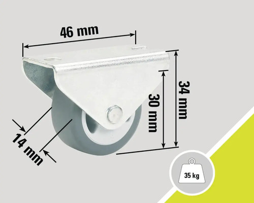 Roue pivotante avec des dimensions de 46 mm, 34 mm et 14 mm et une capacité de charge de 35 kg