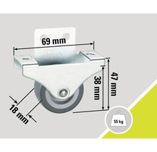 Roue de meuble avec boîtier et dimensions 69 mm, 47 mm et 18 mm, capacité de charge 55 kg