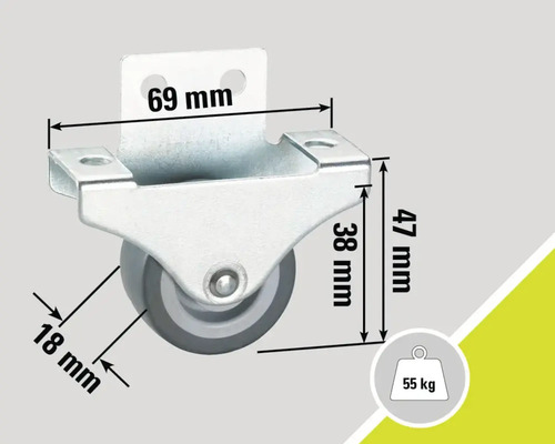 Roue de meuble avec boîtier et dimensions 69 mm, 47 mm et 18 mm, capacité de charge 55 kg