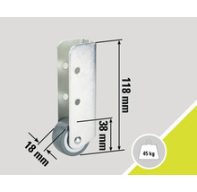 Möbelrolle mit den Massen 118 mm Höhe, 38 mm Tiefe und 18 mm Raddurchmesser, Traglast 45 kg