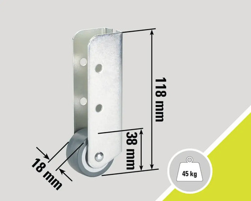 Möbelrolle mit den Massen 118 mm Höhe, 38 mm Tiefe und 18 mm Raddurchmesser, Traglast 45 kg