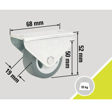 Roue pivotante avec des dimensions de 68 mm x 52 mm et une capacité de charge de 55 kg