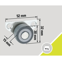 Support de rouleau avec dimensions 52 mm x 32 mm et une capacité de charge de 40 kg