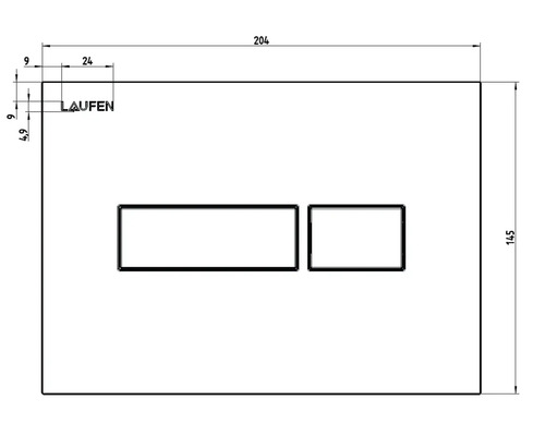 Schéma technique d'une plaque de commande avec les dimensions et le logo Laufen