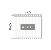 Illustration avec dimensions : largeur 460 cm, profondeur 367,5 cm, dimension intérieure 4,5 x 3,5 cm