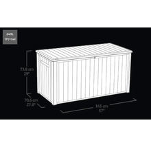 Abbildung einer Gartenbox mit den Maßen 145 cm Länge, 70,6 cm Breite und 73,8 cm Höhe sowie einem Fassungsvermögen von 643 Litern