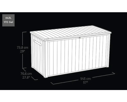 Abbildung einer Gartenbox mit den Maßen 145 cm Länge, 70,6 cm Breite und 73,8 cm Höhe sowie einem Fassungsvermögen von 643 Litern
