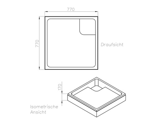 Technische Zeichnung einer Duschwanne mit den Maßen 770 mal 770 Millimeter und einer Höhe von 170 Millimeter.