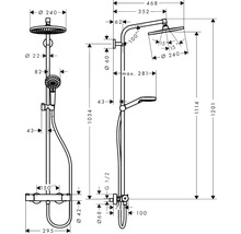 Dessin technique d'un système de douche avec indication des hauteurs et des diamètres