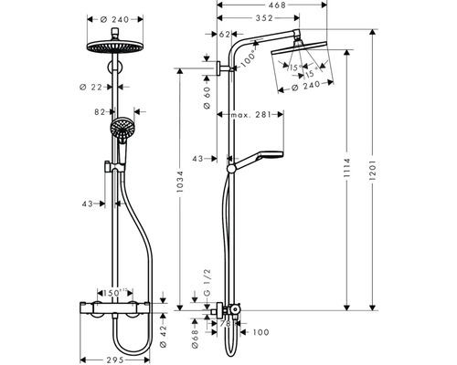 Dessin technique d'un système de douche avec indication des hauteurs et des diamètres