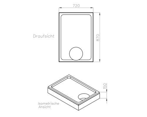 Technische Zeichnung einer Duschwanne mit den Maßen 720 x 870 x 150 mm