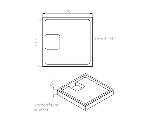 Technische Zeichnung einer Duschwanne mit den Maßen 970 mal 970 mal 150 Millimeter.
