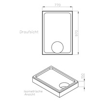 Dessin technique d'un receveur de douche avec des dimensions de 770 x 970 x 150 millimètres en vue de dessus et en vue isométrique