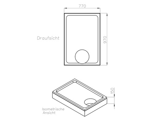 Dessin technique d'un receveur de douche avec des dimensions de 770 x 970 x 150 millimètres en vue de dessus et en vue isométrique