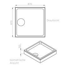 Technische Zeichnung einer Duschwanne, quadratisch, 870x870 mm