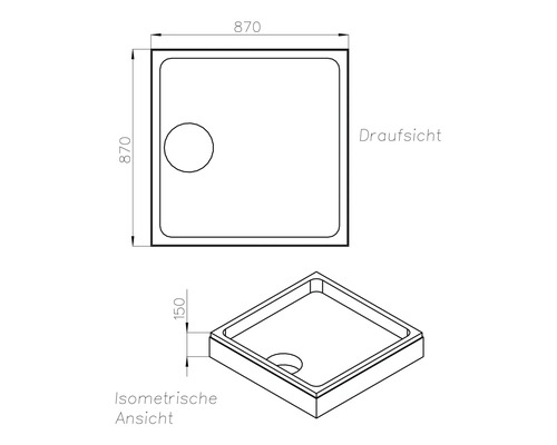 Technische Zeichnung einer Duschwanne, quadratisch, 870x870 mm