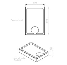 Technische Zeichnung einer Duschwanne mit Maßangaben