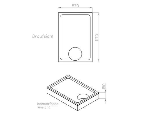 Technische Zeichnung einer Duschwanne mit Maßangaben
