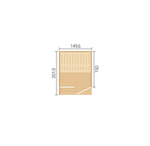 Plan d'un sauna avec dimensions : largeur 149,6 centimètres, profondeur 201,9 centimètres et profondeur intérieure 150 centimètres.