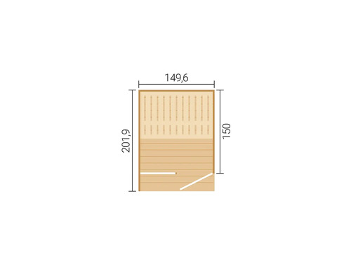 Plan d'un sauna avec dimensions : largeur 149,6 centimètres, profondeur 201,9 centimètres et profondeur intérieure 150 centimètres.