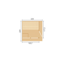 Grundriss einer Sauna mit Massangaben 229 mal 229 Zentimeter.