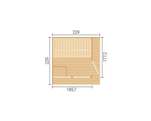 Grundriss einer Sauna mit Massangaben 229 mal 229 Zentimeter.