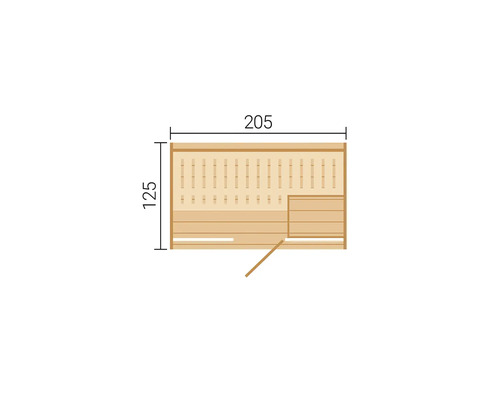 Plan au sol d'un sauna avec des dimensions de 205 par 125 centimètres. Vue de dessus des bancs et de l'ouverture de la porte.