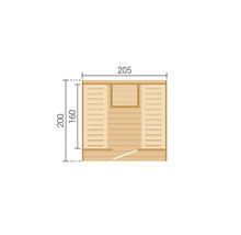Plan d'une cabine de sauna avec bancs en bois et dimensions : largeur 205, profondeur totale 200 et profondeur intérieure 160.