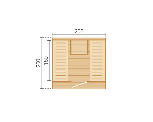 Plan d'une cabine de sauna avec bancs en bois et dimensions : largeur 205, profondeur totale 200 et profondeur intérieure 160.