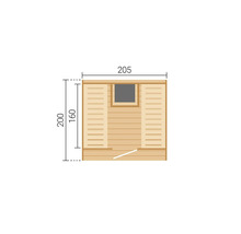 Dessin technique du plan d'un sauna en bois, dimensions 205 sur 200 centimètres, aménagement intérieur avec bancs et fenêtre.