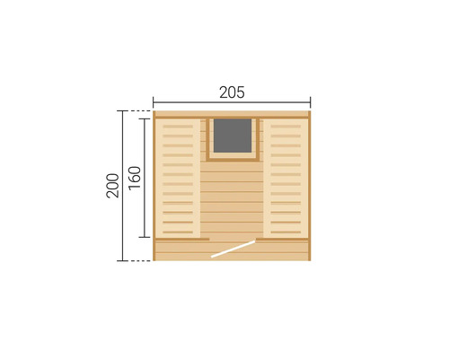 Dessin technique du plan d'un sauna en bois, dimensions 205 sur 200 centimètres, aménagement intérieur avec bancs et fenêtre.