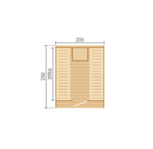 Plan technique d'une cabine de sauna avec dimensions: largeur 205 centimètres, profondeur 250 centimètres, dimensions intérieures 209,6 centimètres.