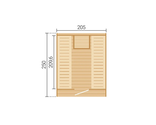 Plan technique d'une cabine de sauna avec dimensions: largeur 205 centimètres, profondeur 250 centimètres, dimensions intérieures 209,6 centimètres.