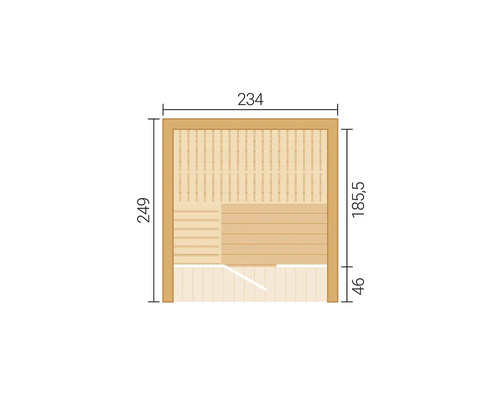 Plan au sol d une sauna avec des dimensions extérieures de 234 par 249. La vue intérieure montre la disposition des bancs et l ouverture de la porte.