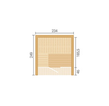 Grundriss einer Sauna mit den Außenmaßen 234 mal 249. Die Innenansicht zeigt die Anordnung der Sitzbänke und die Türöffnung.