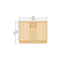 Plan d un sauna en bois avec dimensions. Largeur 305 et 296 centimètres, profondeur 240 et 190 centimètres. Intérieur avec deux bancs et entrée.