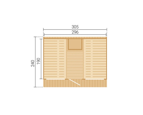 Plan d un sauna en bois avec dimensions. Largeur 305 et 296 centimètres, profondeur 240 et 190 centimètres. Intérieur avec deux bancs et entrée.