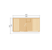 Plan d'un abri de jardin en bois avec des dimensions de 405 par 240 centimètres et des dimensions intérieures de 396 par 190 centimètres.
