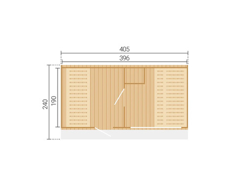Plan d'un abri de jardin en bois avec des dimensions de 405 par 240 centimètres et des dimensions intérieures de 396 par 190 centimètres.