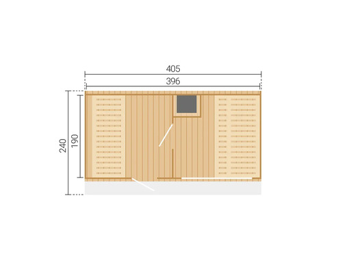 Plan d'un abri de jardin en bois avec les dimensions extérieures de 405 par 240 centimètres.