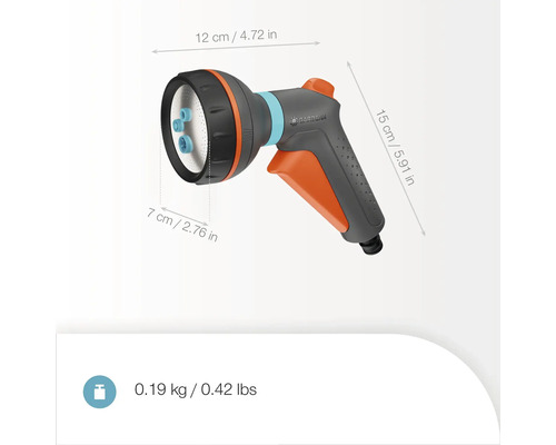 Douchette de jardin avec des dimensions de 12 x 7 x 15 centimètres et le logo Gardena