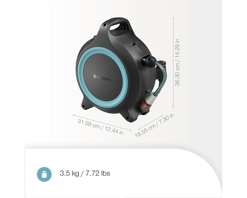 Gardena Schlauchbox mit Schlauch und Abmessungen