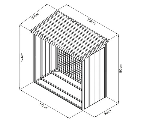 Technische Zeichnung eines Gerätehauses mit Maßangaben.