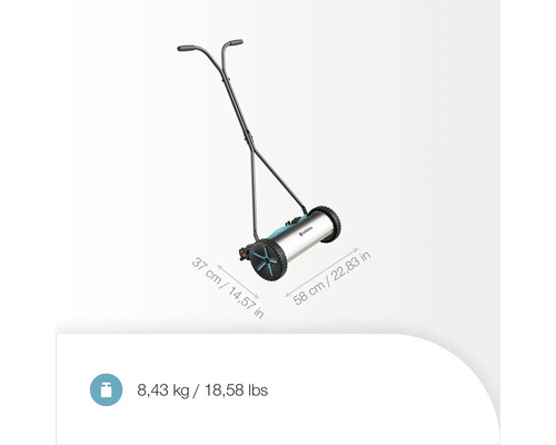 Gardena Handrasenmäher mit den Maßen 37 x 58 cm und einem Gewicht von 8,43 kg