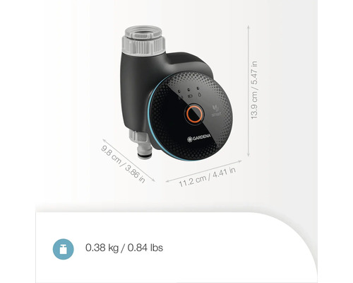 Contrôle d'arrosage intelligent Gardena avec dimensions et poids.