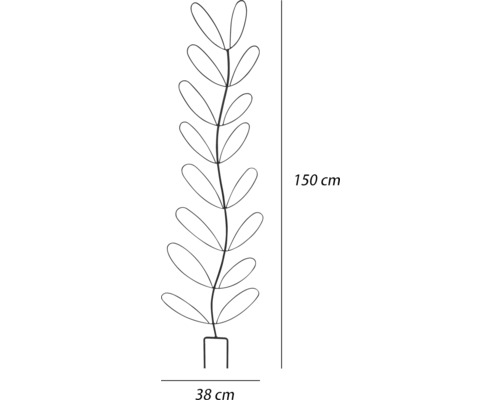 Abbildung einer Metallpflanze mit einer Höhe von 150 cm und einer Breite von 38 cm.