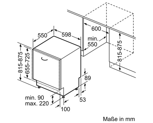 Schéma coté d'un lave-vaisselle avec les dimensions en millimètres