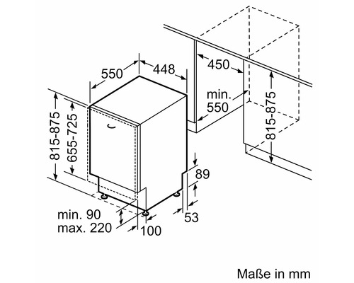 Schéma coté d'un lave-vaisselle avec les dimensions en millimètres