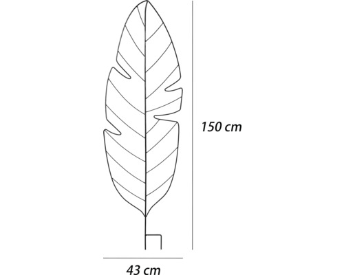 Abmessungen einer Metallpflanzenstütze in Blattform: 150 cm hoch und 43 cm breit
