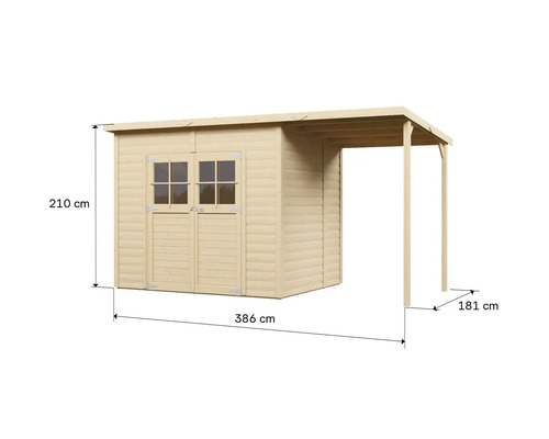 Gartenschuppen aus Holz mit Doppeltür, Fenstern und seitlichem Unterstand mit Größenangaben